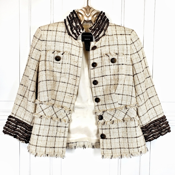 DONCASTER Silk Linen Jacket Sz 2 XS Tweed Ruffle Chiffon 3/4 Sleeve Boutique - Picture 3 of 13